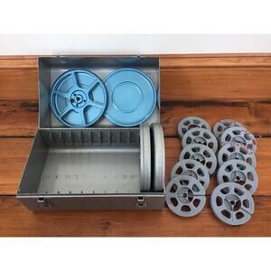 Vtg Lot of Brumberger Super 8mm Film Take Up Reels Canisters Industrial Era Case
